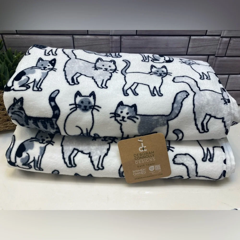 DC Designs ❤️ Ultra soft Cat pattern (2) Bath Towels set Black & White NWT